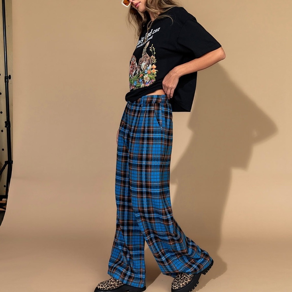 Dressed in LALA Rebel Road Plaid Wide Leg Trousers in Blue + Brown Pants - XL